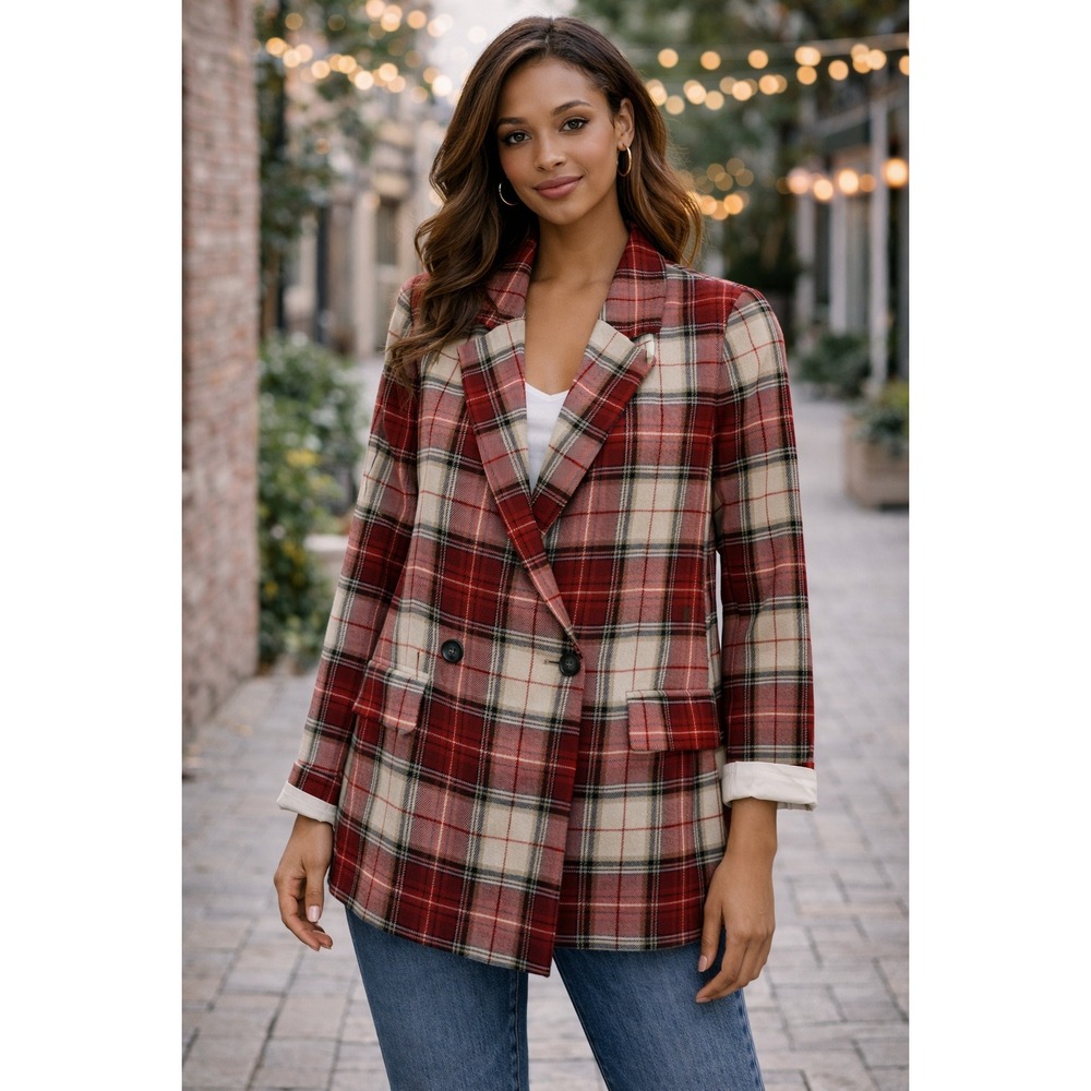 H&M Plaid Double Breasted Blazer Womens 2‎ Red Tan Black Lined Pockets Holiday
